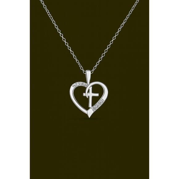 Diamond Heart Cross Necklace Sterling Silver Lab Grown Diamond Pendant Religious - Picture 5 of 5